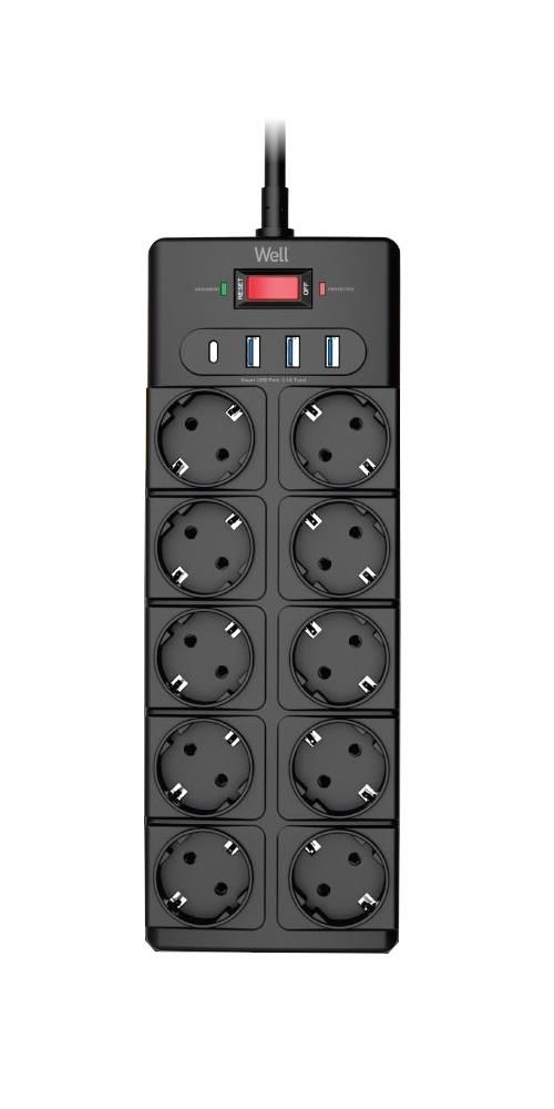 Produžni Kabel s Prenaponskom Zaštitom | 10x Šuko | 3x USB-A | 1x USB-C | WELL 1 exts 10s2m prot