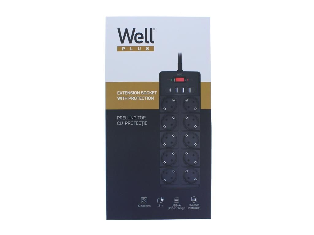 Produžni Kabel s Prenaponskom Zaštitom | 10x Šuko | 3x USB-A | 1x USB-C | WELL 4 exts 10s2m prot 3