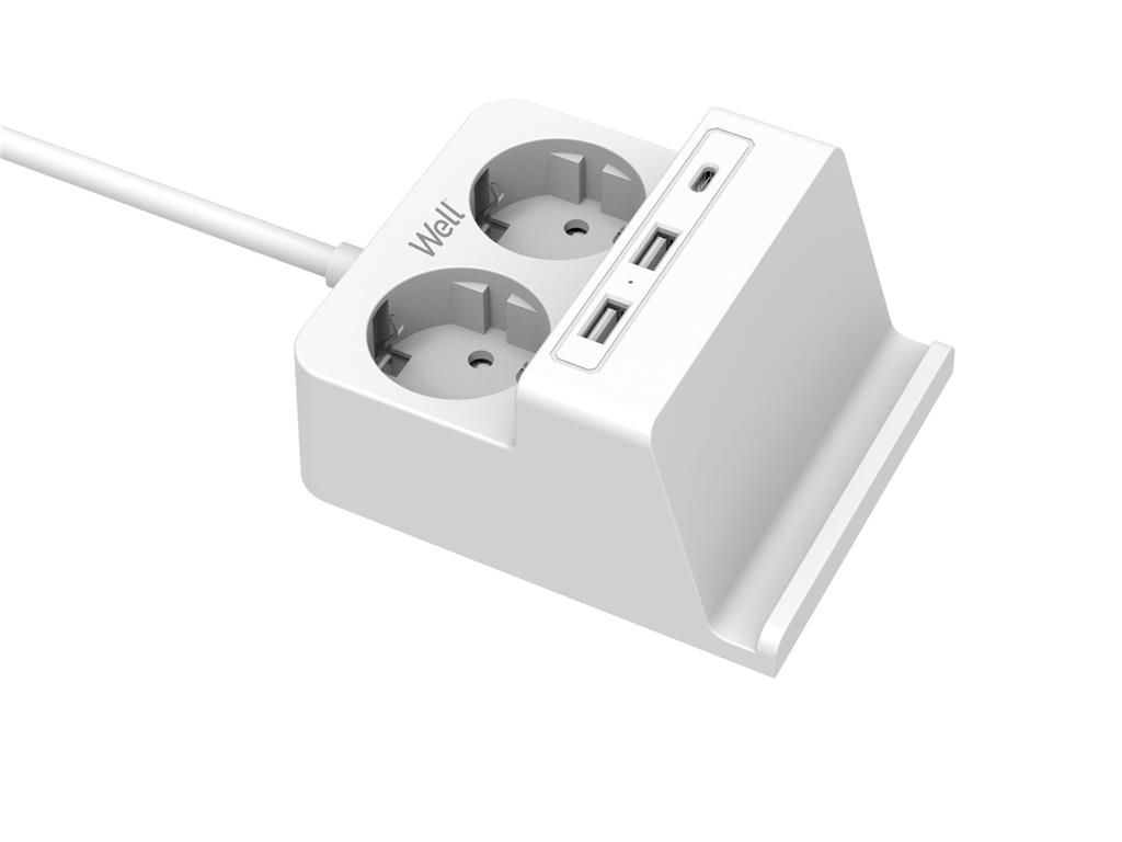 Produžni Kabel | 2x Šuko | 2x USB-A | 1x USB-C | 10W Bežični Punjač | WELL 2 exts 2s2m prot 1