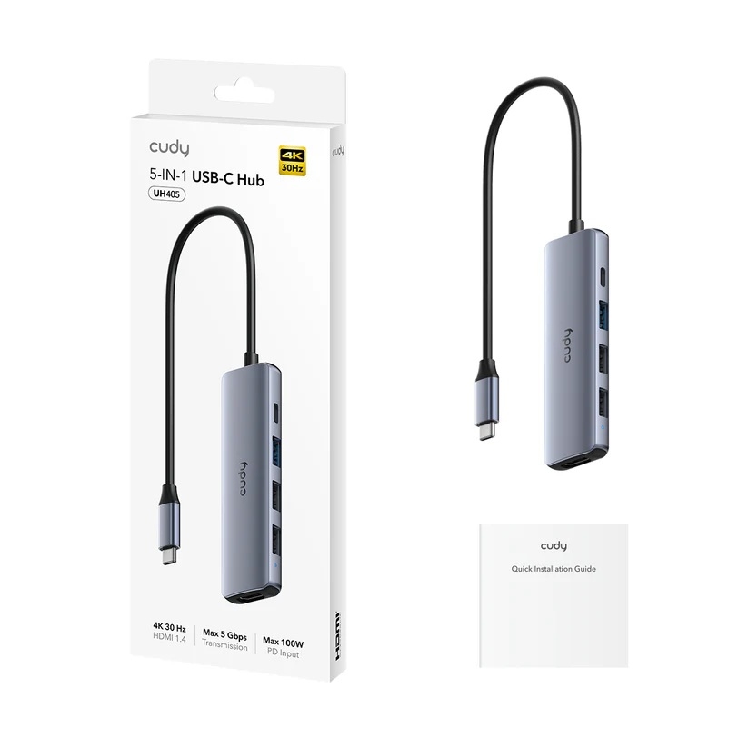 USB Type-C Hub 5-u-1 | 3x USB-A, 1x USB-C PD 100W, 1x HDMI 4K@30Hz | Cudy 2 cd uh405 1