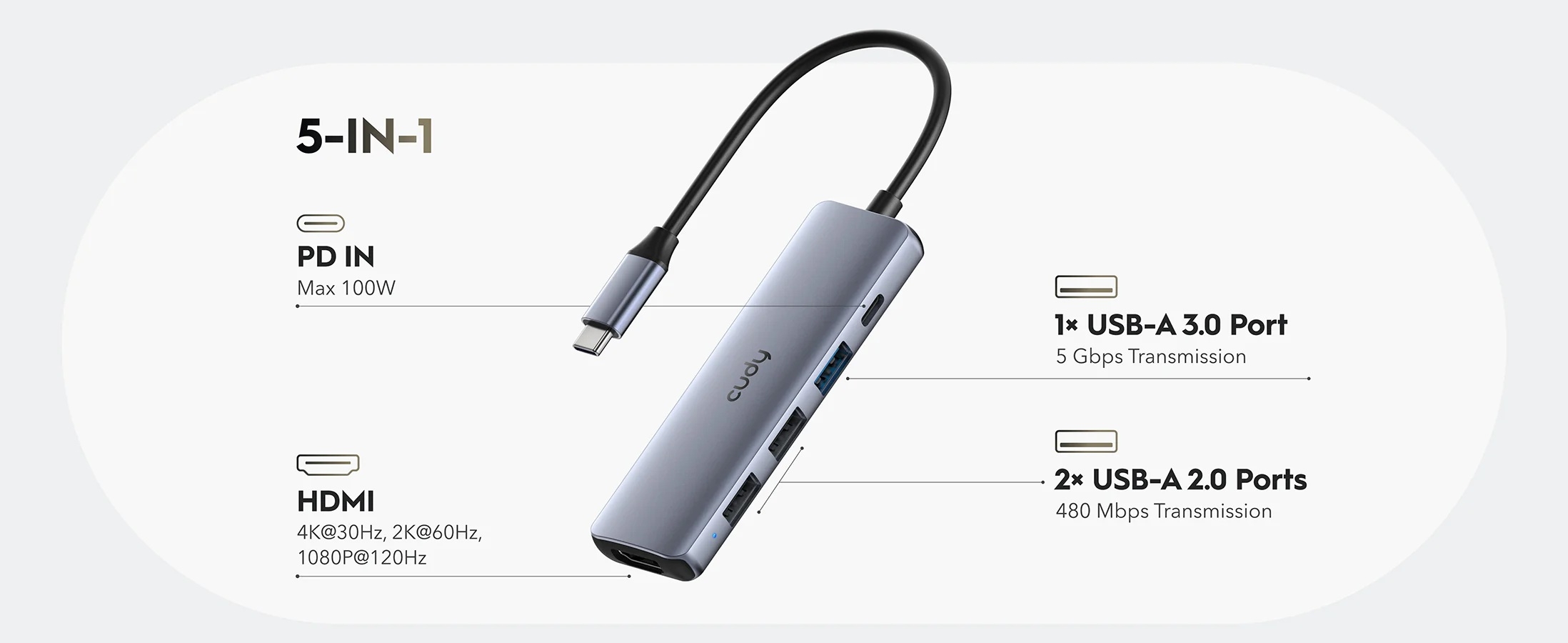 USB Type-C Hub 5-u-1 | 3x USB-A, 1x USB-C PD 100W, 1x HDMI 4K@30Hz | Cudy 7 cd uh405 6