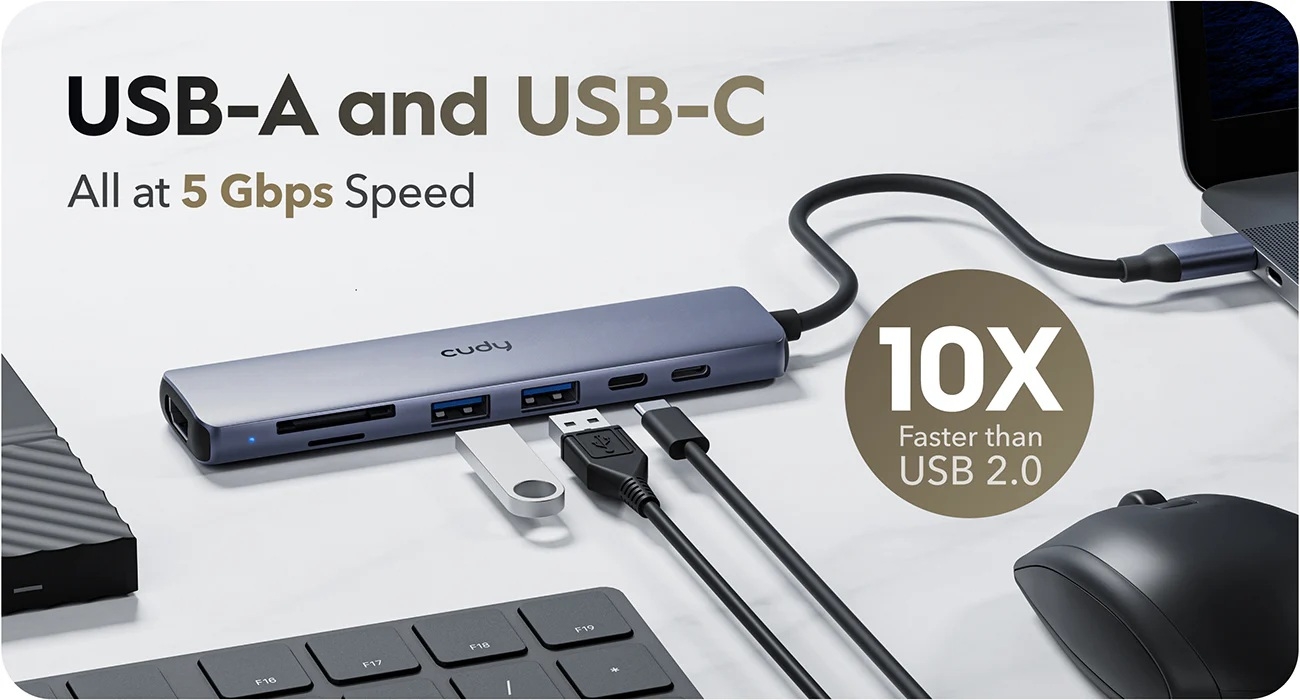USB Type-C Hub 7-u-1 | 2x USB-A 3.2, 2x USB-C, 1x HDMI 4K@60Hz, TF, SD | Cudy 6 cd uh407 5