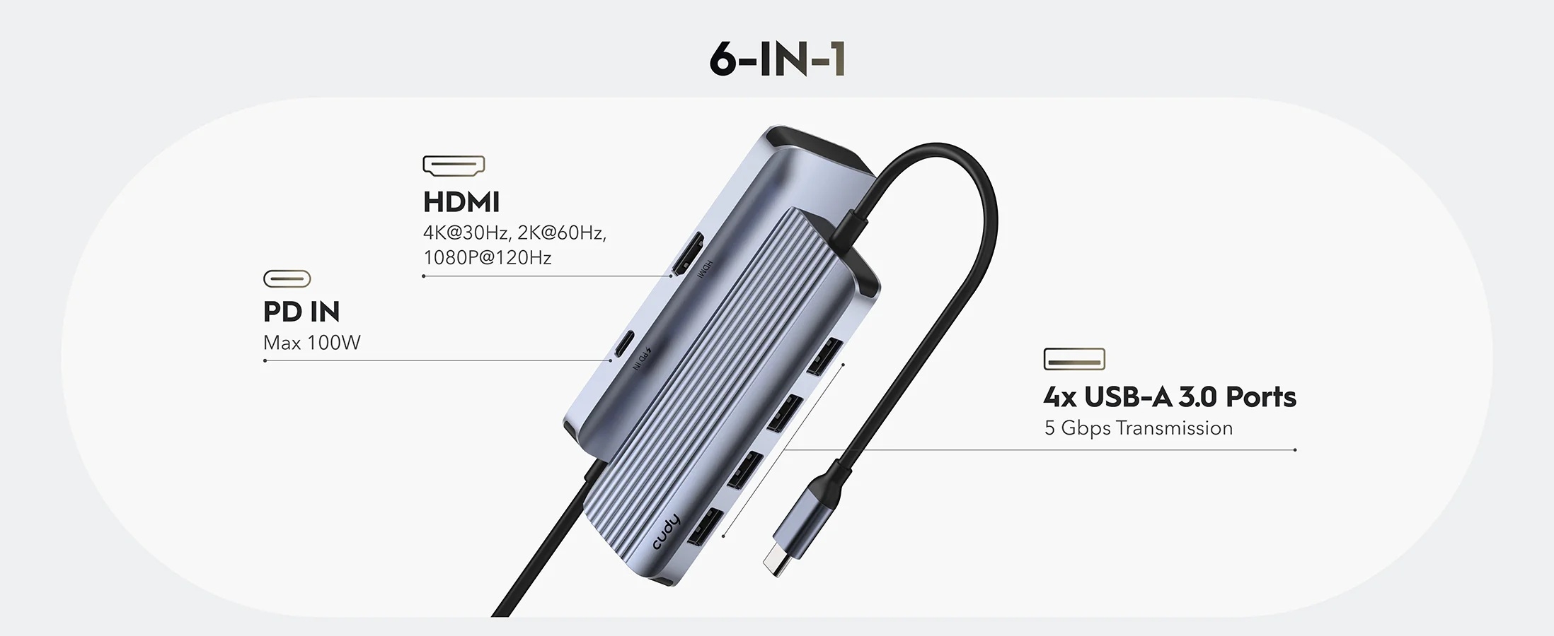 USB Type-C Hub 6-u-1 | 4x USB-A 3.2, 1x USB-C PD 100W, 1x HDMI 4K@30Hz | Cudy 9 cd uh500 8