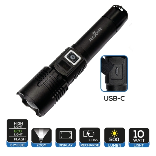 Ručna LED Svjetiljka | 10W 500lm | USB-C Punjiva | LED Zaslon | REXER 1