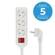 Produžni Kabel | 3 Utičnice | Kabel 5 m | Prekidač | Bijeli