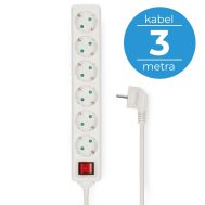 Produžni Kabel | 6 Utičnica | Kabel 3 m | Prekidač | Bijeli