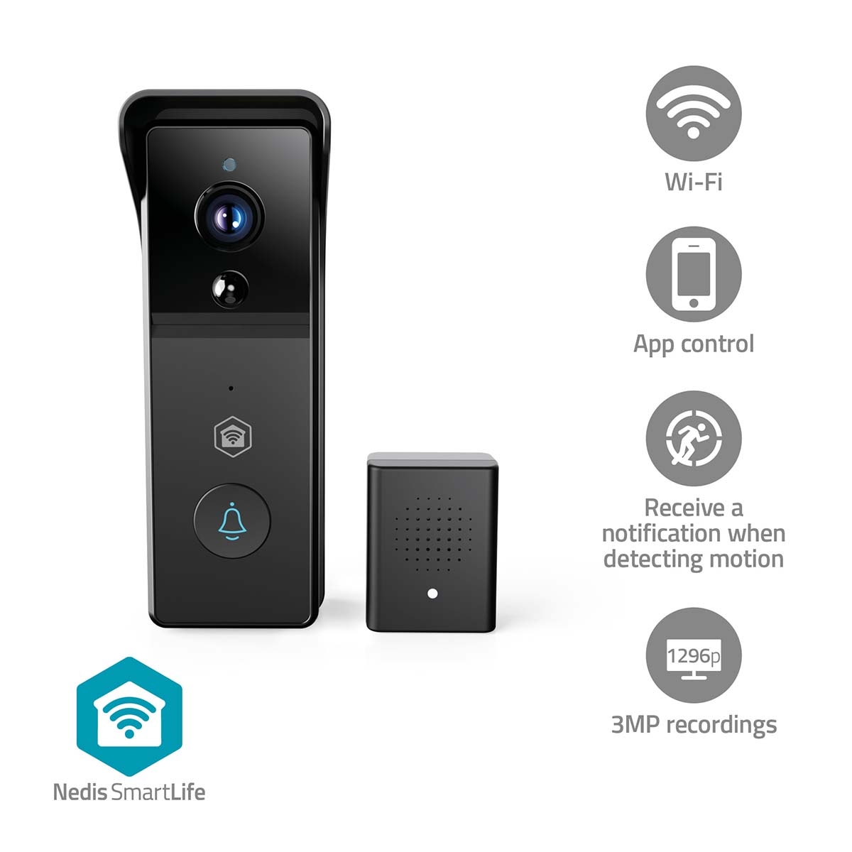 WiFi Video Zvonce Za Ulazna Vrata | FullHD 1296p | Na Baterije | NEDIS SmartLife 1 wificdp21bk