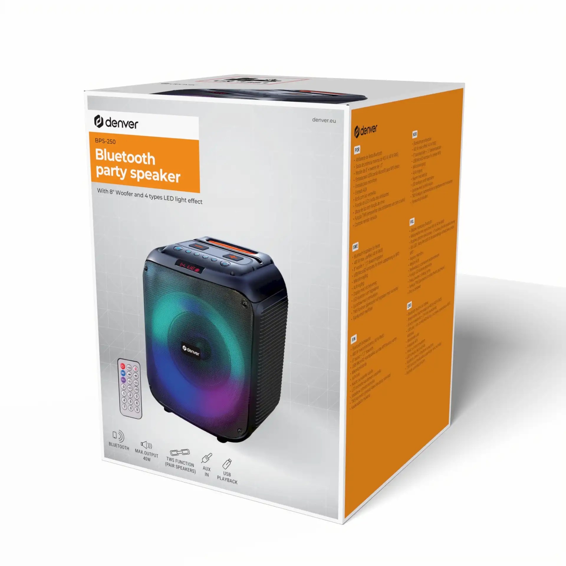 Bluetooth Party Zvučnik | 40W RMS | Daljinski Upravljač | TWS | DENVER 4 dv bps 250 3